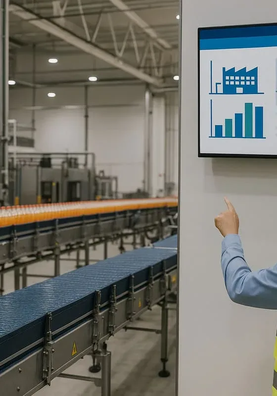 Planta embotelladora de bebidas con supervisor revisando gráficos de consumo eléctrico en tiempo real para un sistema de monitoreo energético centralizado